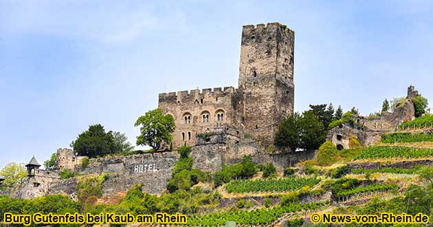 Gutenberg Castle above Kaub am Rhein is surrounded by vineyards on the right bank of the Rhine.